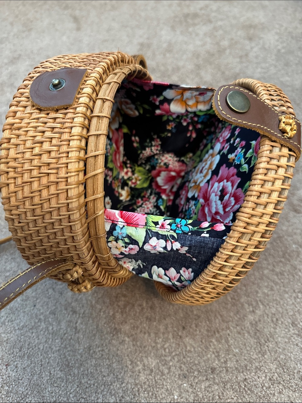 Woven Round Straw Crossbody Bag in Natural Brown - Picture 6 of 10